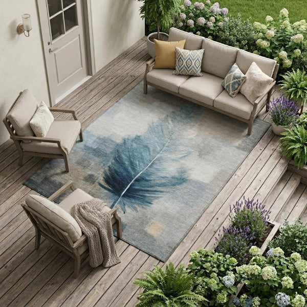 9 X 12 Botanical Leaf Polyester Area Rug Washable Stain Resistant Teal Pewter