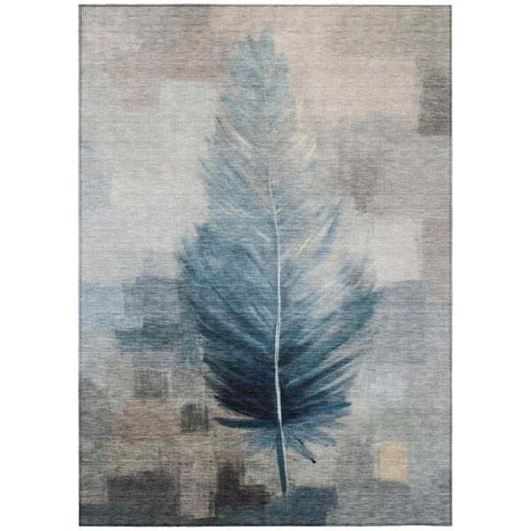 HomeRoots 9 X 12 Botanical Leaf Polyester Area Rug Washable Stain Resistant Teal Pewter 739923