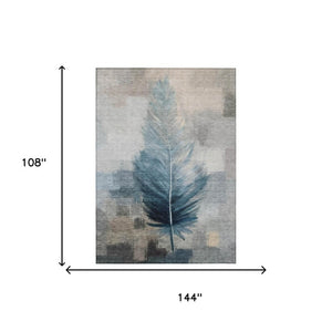 9 X 12 Botanical Leaf Polyester Area Rug Washable Stain Resistant Teal Pewter