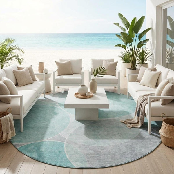 8 Ft Round Geometric Polyester Area Rug Washable Stain Resistant Indoor Outdoor Teal