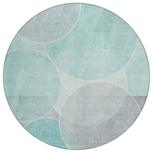 HomeRoots 8 Ft Round Geometric Polyester Area Rug Washable Stain Resistant Indoor Outdoor Teal 739927
