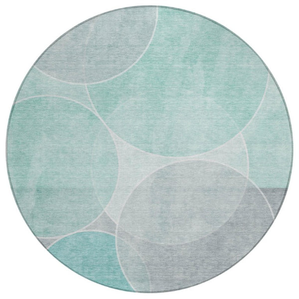 HomeRoots 8 Ft Round Geometric Polyester Area Rug Washable Stain Resistant Indoor Outdoor Teal 739927