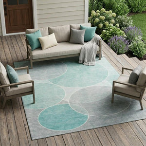 9 X 12 Aqua Teal Geometric Polyester Rug Washable for Patio Porch or Living Room