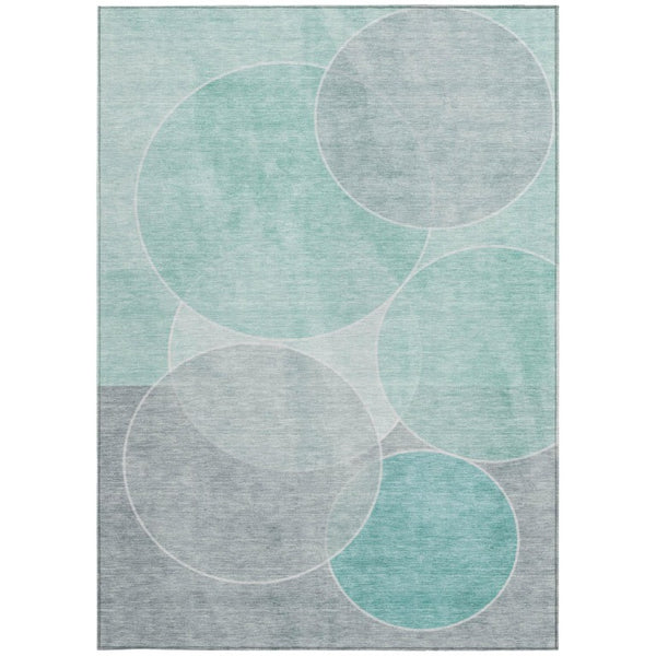 9 X 12 Aqua Teal Geometric Polyester Rug Washable for Patio Porch or Living Room