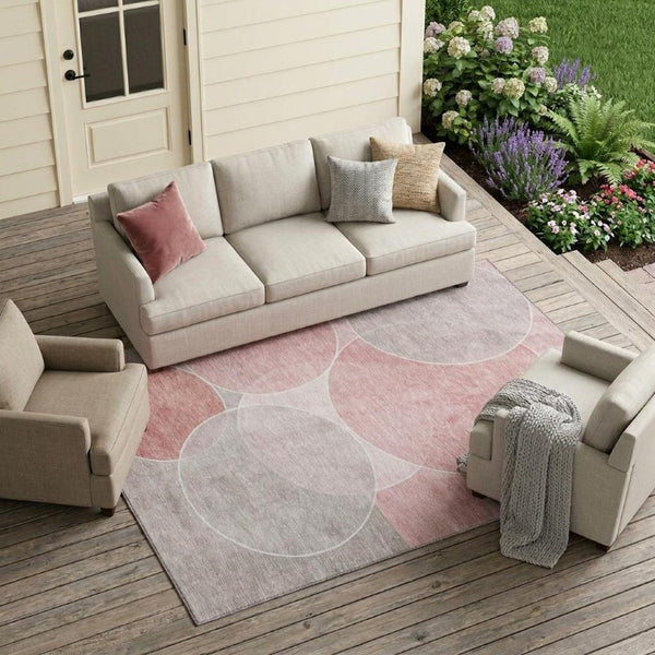 8 Ft X 10 Ft Pink Pewter Geometric Polyester Washable Rug for Indoor Outdoor Use