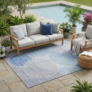 5 X 8 Blue Geometric Polyester Area Rug Washable Stain Resistant Indoor Outdoor Use