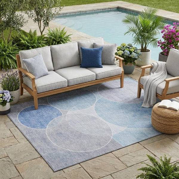 5 X 8 Blue Geometric Polyester Area Rug Washable Stain Resistant Indoor Outdoor Use