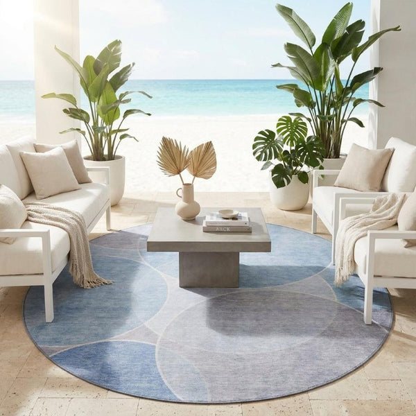 8 Foot Round Geometric Polyester Area Rug for Patio Porch or Family Room in Blue