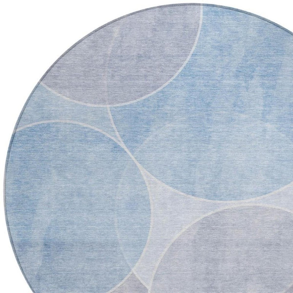 8 Foot Round Geometric Polyester Area Rug for Patio Porch or Family Room in Blue