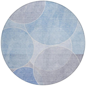 8 Foot Round Geometric Polyester Area Rug for Patio Porch or Family Room in Blue