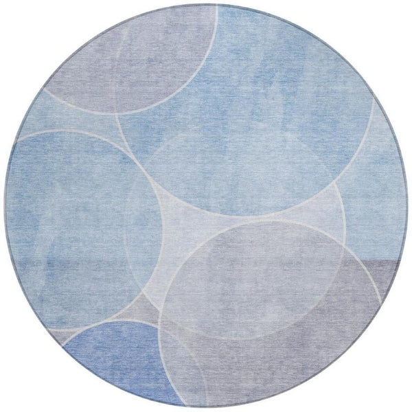 8 Foot Round Geometric Polyester Area Rug for Patio Porch or Family Room in Blue