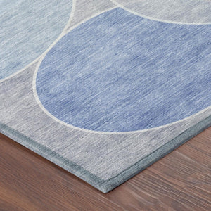 8 Foot Round Geometric Polyester Area Rug for Patio Porch or Family Room in Blue