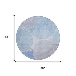 8 Foot Round Geometric Polyester Area Rug for Patio Porch or Family Room in Blue