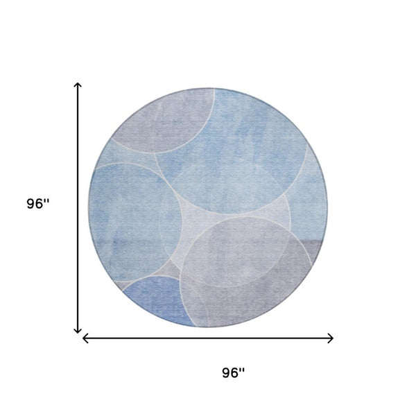 8 Foot Round Geometric Polyester Area Rug for Patio Porch or Family Room in Blue