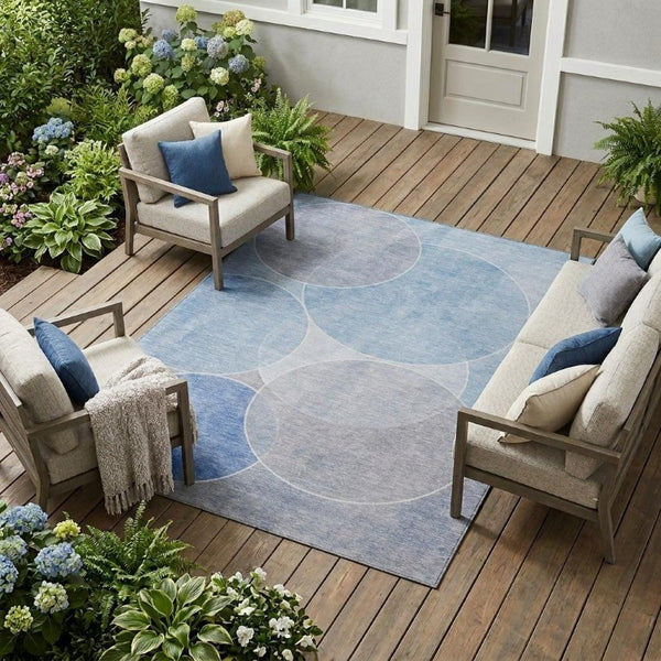 8 Ft X 10 Ft Sky Blue Geometric Polyester Rug Stain Resistant Indoor Outdoor
