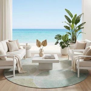 8 Ft Round Turquoise Geometric Polyester Rug Washable for Indoor Outdoor Spaces