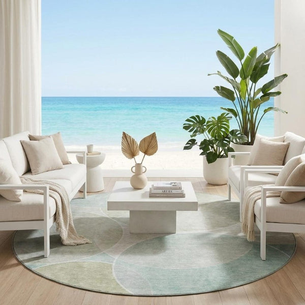 8 Ft Round Turquoise Geometric Polyester Rug Washable for Indoor Outdoor Spaces