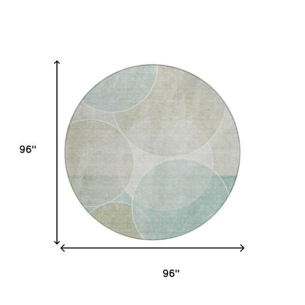 8 Ft Round Turquoise Geometric Polyester Rug Washable for Indoor Outdoor Spaces