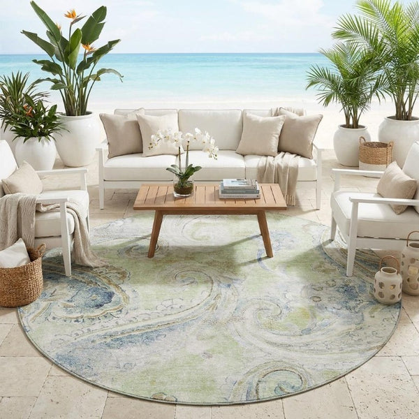 8 Foot Round Paisley Polyester Area Rug Washable for Patio Porch or Family Room