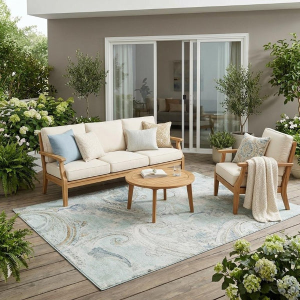 5 X 8 Aqua Teal Paisley Polyester Area Rug Washable Stain Resistant Indoor Outdoor