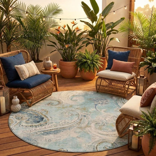 8 Foot Round Paisley Polyester Area Rug Aqua Teal Washable Indoor Outdoor