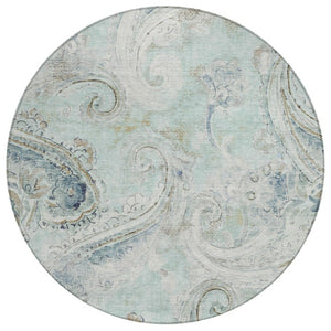 HomeRoots 8 Foot Round Paisley Polyester Area Rug Aqua Teal Washable Indoor Outdoor 739976