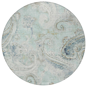 8 Foot Round Paisley Polyester Area Rug Aqua Teal Washable Indoor Outdoor