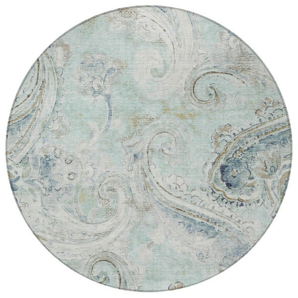 8 Foot Round Paisley Polyester Area Rug Aqua Teal Washable Indoor Outdoor