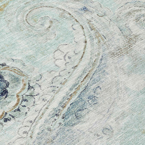 8 Foot Round Paisley Polyester Area Rug Aqua Teal Washable Indoor Outdoor