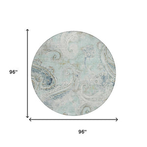 8 Foot Round Paisley Polyester Area Rug Aqua Teal Washable Indoor Outdoor