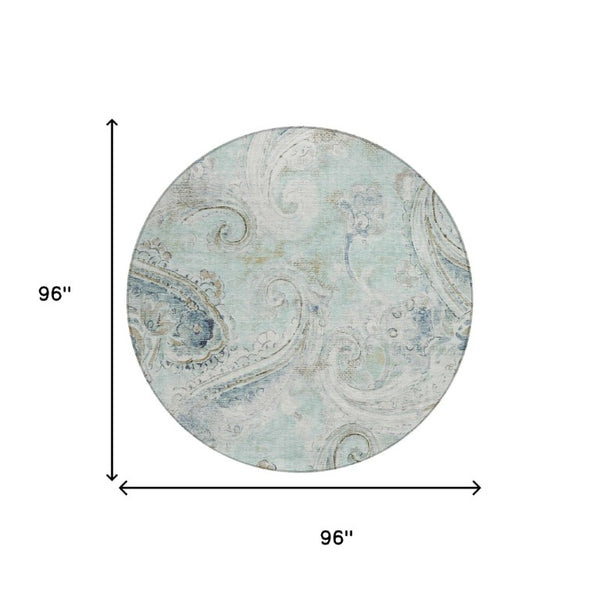 8 Foot Round Paisley Polyester Area Rug Aqua Teal Washable Indoor Outdoor