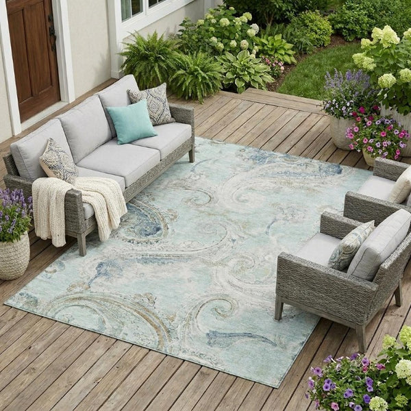 8 X 10 Aqua Teal Paisley Polyester Washable Rug for Patio Porch or Living Room