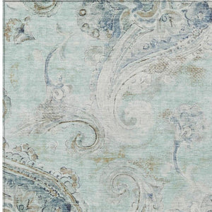 8 X 10 Aqua Teal Paisley Polyester Washable Rug for Patio Porch or Living Room