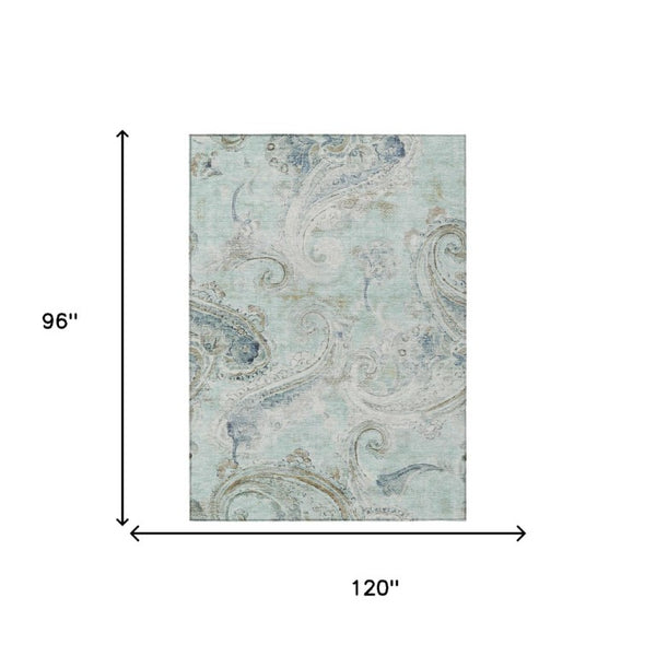 8 X 10 Aqua Teal Paisley Polyester Washable Rug for Patio Porch or Living Room