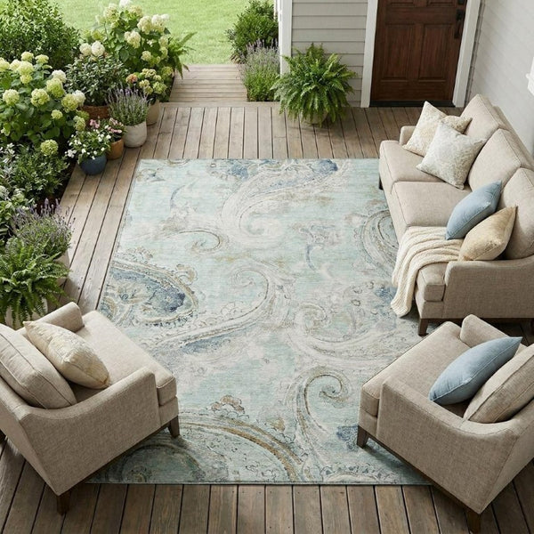 9 X 12 Paisley Polyester Area Rug Washable Stain Resistant Patio Porch Living Room