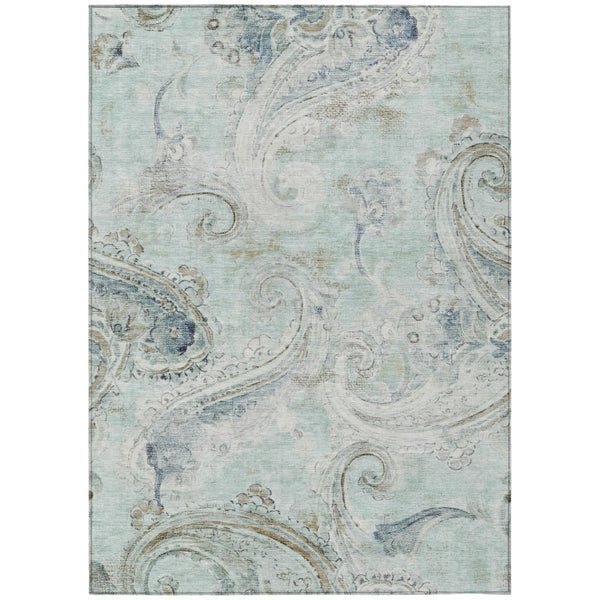 HomeRoots 10 X 14 Aqua Teal Paisley Polyester Washable Rug for Patio Porch or Living Room 739979