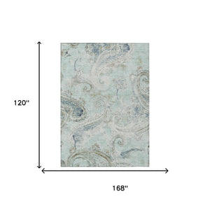 10 X 14 Aqua Teal Paisley Polyester Washable Rug for Patio Porch or Living Room