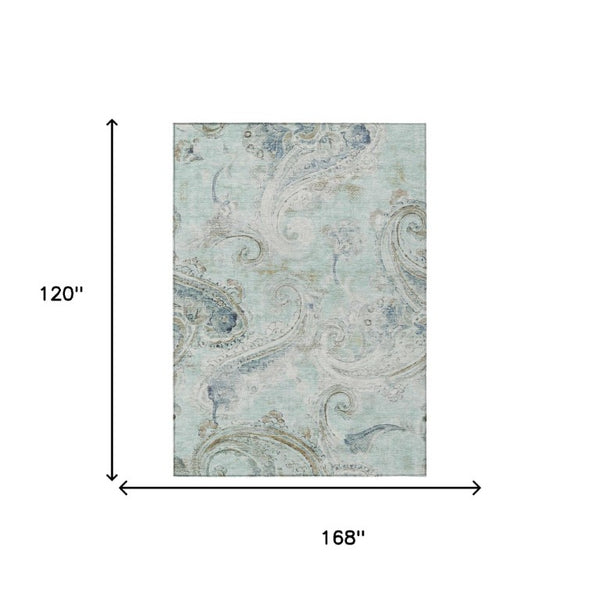 10 X 14 Aqua Teal Paisley Polyester Washable Rug for Patio Porch or Living Room
