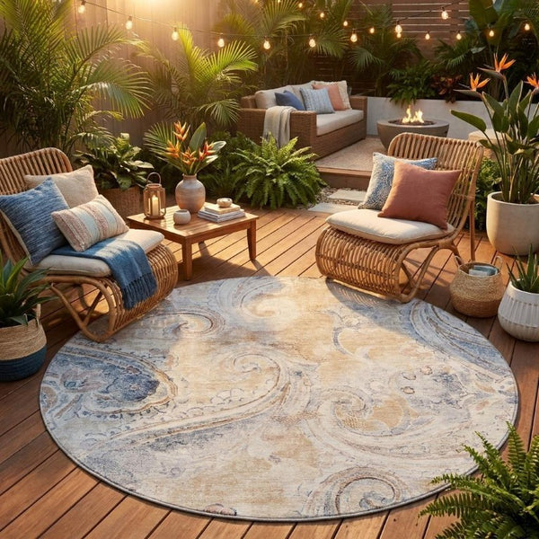 8 Foot Round Paisley Polyester Area Rug Washable Stain Resistant Indoor Outdoor Beige