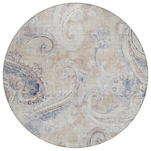 HomeRoots 8 Foot Round Paisley Polyester Area Rug Washable Stain Resistant Indoor Outdoor Beige 739982