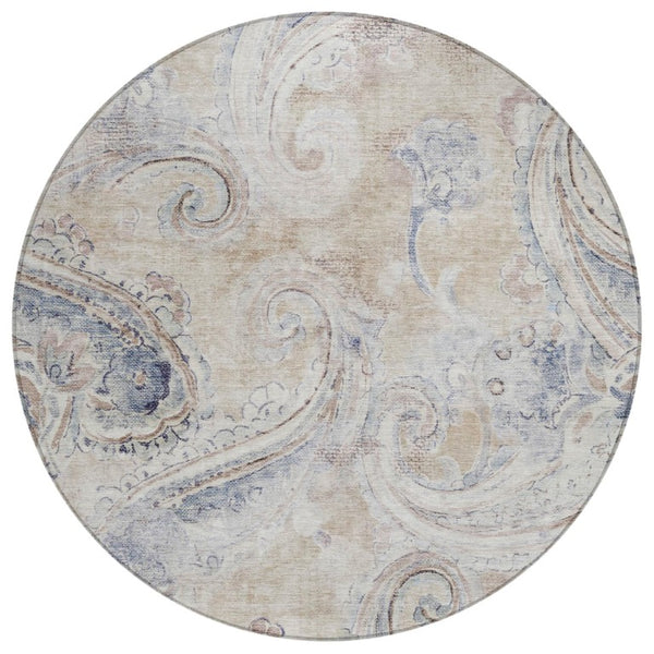 HomeRoots 8 Foot Round Paisley Polyester Area Rug Washable Stain Resistant Indoor Outdoor Beige 739982