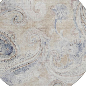 8 Foot Round Paisley Polyester Area Rug Washable Stain Resistant Indoor Outdoor Beige