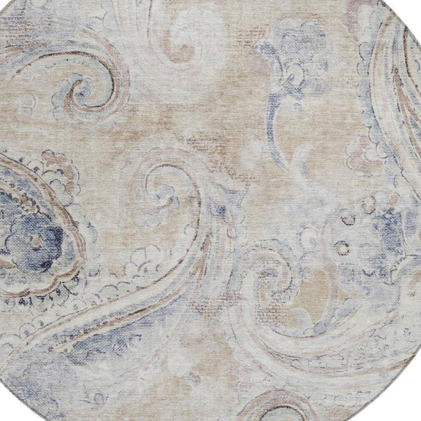 8 Foot Round Paisley Polyester Area Rug Washable Stain Resistant Indoor Outdoor Beige