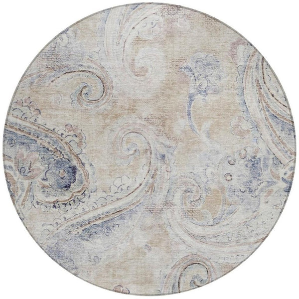 8 Foot Round Paisley Polyester Area Rug Washable Stain Resistant Indoor Outdoor Beige