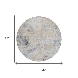 8 Foot Round Paisley Polyester Area Rug Washable Stain Resistant Indoor Outdoor Beige