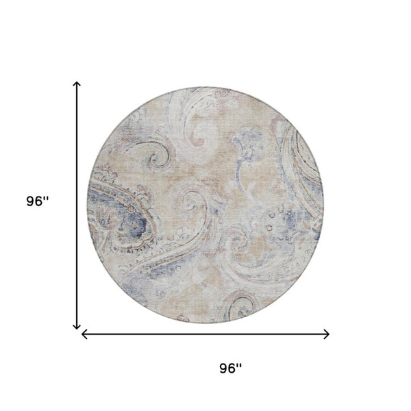 8 Foot Round Paisley Polyester Area Rug Washable Stain Resistant Indoor Outdoor Beige