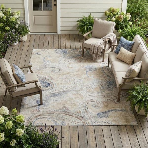 8x10 Beige Brown Paisley Polyester Area Rug Stain Resistant for Patio or Living Room