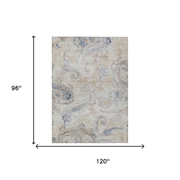 8x10 Beige Brown Paisley Polyester Area Rug Stain Resistant for Patio or Living Room