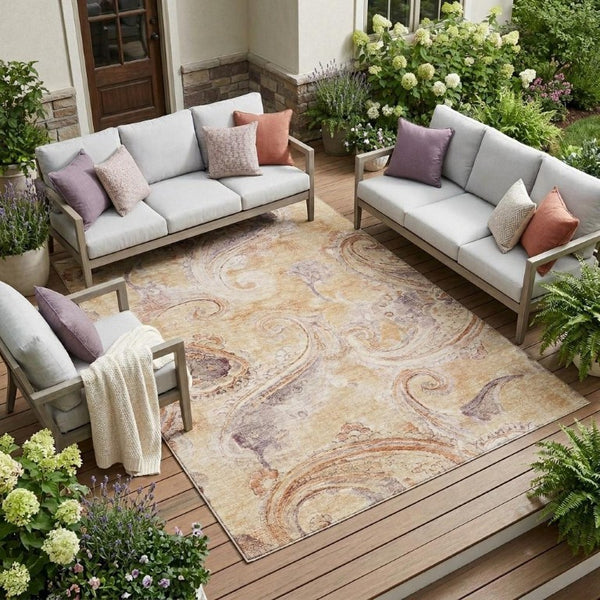 8 Ft X 10 Ft Copper Paisley Polyester Area Rug Stain Resistant Indoor Outdoor
