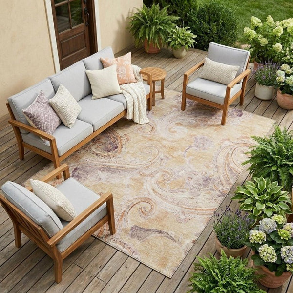 9 X 12 Copper Orange Paisley Polyester Rug Stain Resistant for Patio or Living Room